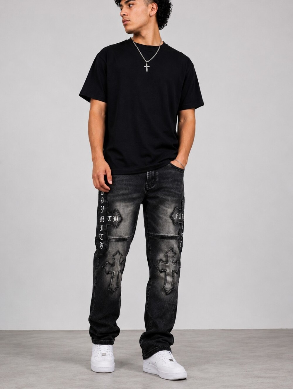 Publik Denim Divinity Faith Cross Patch Jeans Mens Black Wash Straight Leg